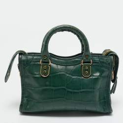 Pre Owned Balenciaga Green Croc Embossed Leather Nano Metallic Edge City Bag
