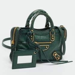 Pre Owned Balenciaga Green Croc Embossed Leather Nano Metallic Edge City Bag