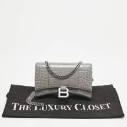 Pre Owned Balenciaga Grey Croc Embossed Leather Hourglass Wallet on Chain