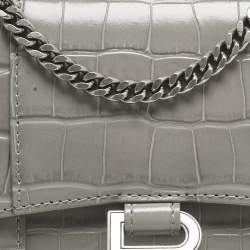 Pre Owned Balenciaga Grey Croc Embossed Leather Hourglass Wallet on Chain
