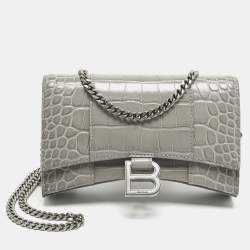 Pre Owned Balenciaga Grey Croc Embossed Leather Hourglass Wallet on Chain