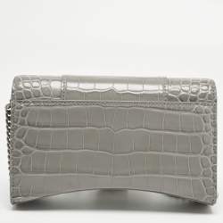 Pre Owned Balenciaga Grey Croc Embossed Leather Hourglass Wallet on Chain