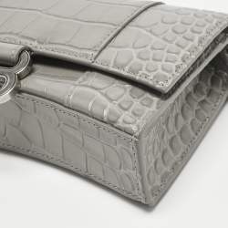 Pre Owned Balenciaga Grey Croc Embossed Leather Hourglass Wallet on Chain