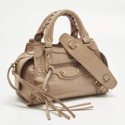 Pre Owned Balenciaga Beige Croc Embossed Leather Mini City Bag