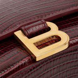Pre Owned Balenciaga Burgundy Small Lizard Embossed Calfskin Hourglass Top Handle Bag
