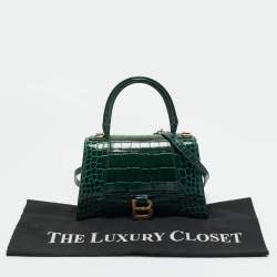 Pre Owned Balenciaga Green Croc Embossed Leather Small Hourglass Top Handle Bag