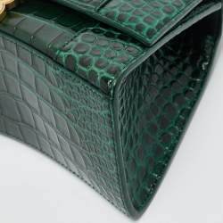 Pre Owned Balenciaga Green Croc Embossed Leather Small Hourglass Top Handle Bag