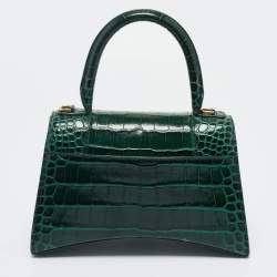 Pre Owned Balenciaga Green Croc Embossed Leather Small Hourglass Top Handle Bag