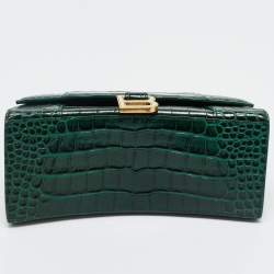 Pre Owned Balenciaga Green Croc Embossed Leather Small Hourglass Top Handle Bag