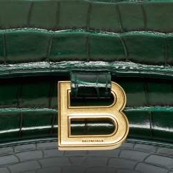 Pre Owned Balenciaga Green Croc Embossed Leather Small Hourglass Top Handle Bag