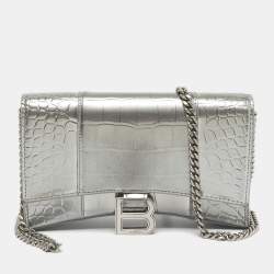 Pre Owned Balenciaga Silver Croc Embossed Patent Leather Hourglass Wallet on Chain