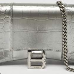 Pre Owned Balenciaga Silver Croc Embossed Patent Leather Hourglass Wallet on Chain