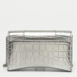 Pre Owned Balenciaga Silver Croc Embossed Patent Leather Hourglass Wallet on Chain