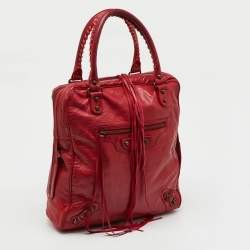 Pre Owned Balenciaga Red Leather Motocross Classic Bowling Bag