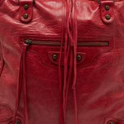 Pre Owned Balenciaga Red Leather Motocross Classic Bowling Bag