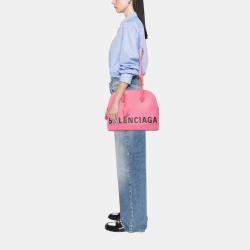 Pre Owned Balenciaga Pink M Grained Calfskin Logo Ville Top Handle Bag