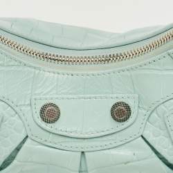 Pre Owned Balenciaga Pale Turquoise Croc Embossed Leather XS Le Cagole Shoulder Bag