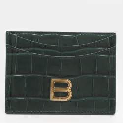 Pre Owned Balenciaga Green Croc Embossed Leather Hourglass Card Holder