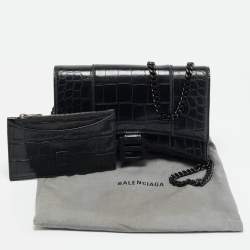 Pre Owned Balenciaga Black Croc Embossed Leather Hourglass Wallet on Chain w/Coin Purse