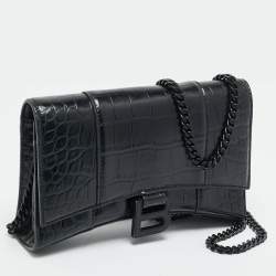 Pre Owned Balenciaga Black Croc Embossed Leather Hourglass Wallet on Chain w/Coin Purse