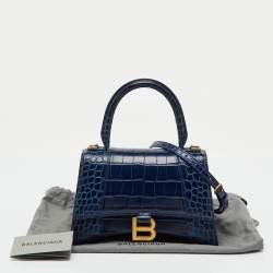 Pre Owned Balenciaga Navy Blue Croc Embossed Leather Small Hourglass Top Handle Bag