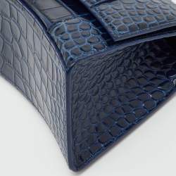 Pre Owned Balenciaga Navy Blue Croc Embossed Leather Small Hourglass Top Handle Bag