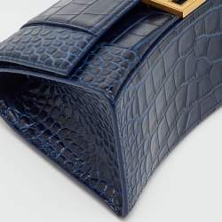 Pre Owned Balenciaga Navy Blue Croc Embossed Leather Small Hourglass Top Handle Bag