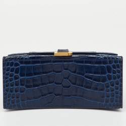 Pre Owned Balenciaga Navy Blue Croc Embossed Leather Small Hourglass Top Handle Bag