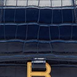 Pre Owned Balenciaga Navy Blue Croc Embossed Leather Small Hourglass Top Handle Bag