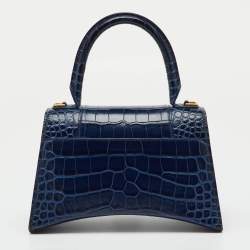 Pre Owned Balenciaga Navy Blue Croc Embossed Leather Small Hourglass Top Handle Bag