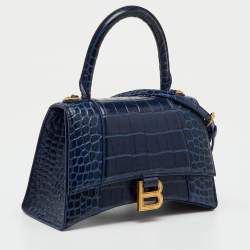 Pre Owned Balenciaga Navy Blue Croc Embossed Leather Small Hourglass Top Handle Bag
