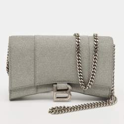 Pre Owned Balenciaga Grey Glitter Leather Hourglass Wallet on Chain