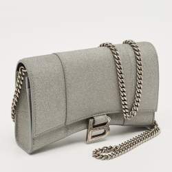 Pre Owned Balenciaga Grey Glitter Leather Hourglass Wallet on Chain