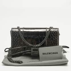Pre Owned Balenciaga Metallic Grey Croc Embossed Patent Leather Hourglass Wallet on Chain