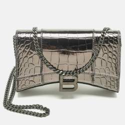 Pre Owned Balenciaga Metallic Grey Croc Embossed Patent Leather Hourglass Wallet on Chain