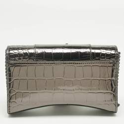 Pre Owned Balenciaga Metallic Grey Croc Embossed Patent Leather Hourglass Wallet on Chain