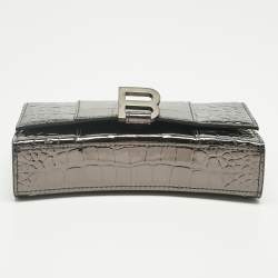 Pre Owned Balenciaga Metallic Grey Croc Embossed Patent Leather Hourglass Wallet on Chain