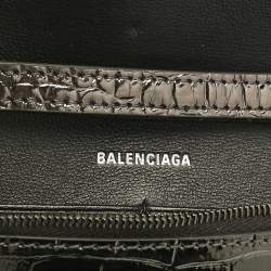 Pre Owned Balenciaga Metallic Grey Croc Embossed Patent Leather Hourglass Wallet on Chain