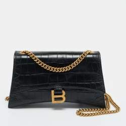 Pre Owned Balenciaga Black Croc Embossed Leather Small Hourglass Top Handle Bag