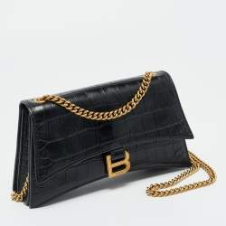 Pre Owned Balenciaga Black Croc Embossed Leather Small Hourglass Top Handle Bag