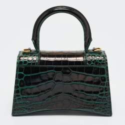 Pre Owned Balenciaga Dark Green Croc Embossed Leather XS Hourglass Top Handle Bag