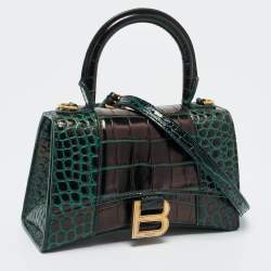 Pre Owned Balenciaga Dark Green Croc Embossed Leather XS Hourglass Top Handle Bag