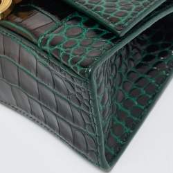Pre Owned Balenciaga Dark Green Croc Embossed Leather XS Hourglass Top Handle Bag