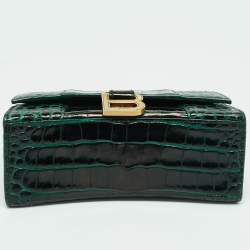 Pre Owned Balenciaga Dark Green Croc Embossed Leather XS Hourglass Top Handle Bag