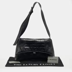 Pre Owned Balenciaga Black Croc Embossed Leather Hourglass Shoulder Bag