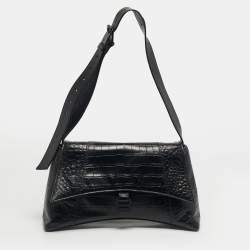 Pre Owned Balenciaga Black Croc Embossed Leather Hourglass Shoulder Bag