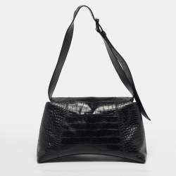 Pre Owned Balenciaga Black Croc Embossed Leather Hourglass Shoulder Bag
