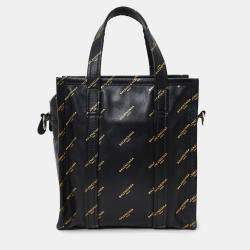 Pre Owned Balenciaga Black Leather/Gold Logo 'Bazar' XS Shopper Tote with Strap
