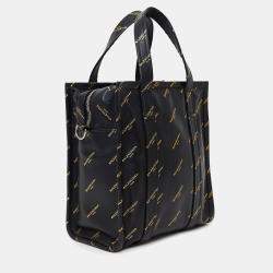 Pre Owned Balenciaga Black Leather/Gold Logo 'Bazar' XS Shopper Tote with Strap