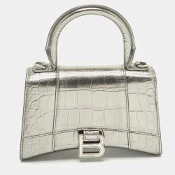 مملوكة مسبقًا Balenciaga  Hourglass XS Metallic Grey Croc Embossed Leather XS Top Handle Bag